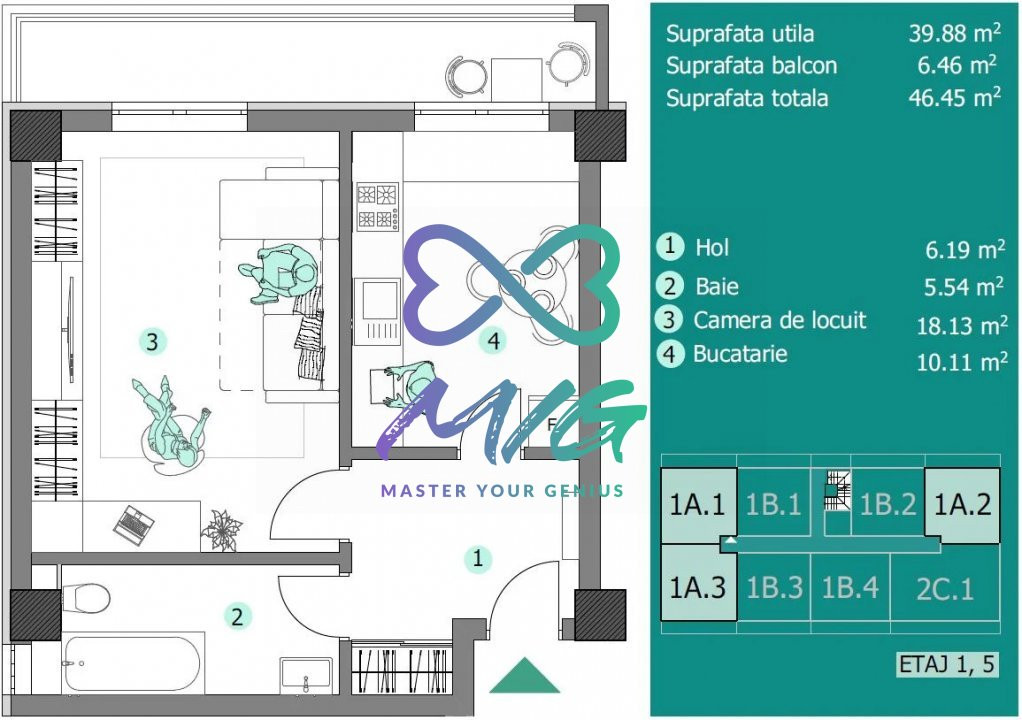 Apartament decomandat, 1 cameră cu balcon, Vișan, Iași