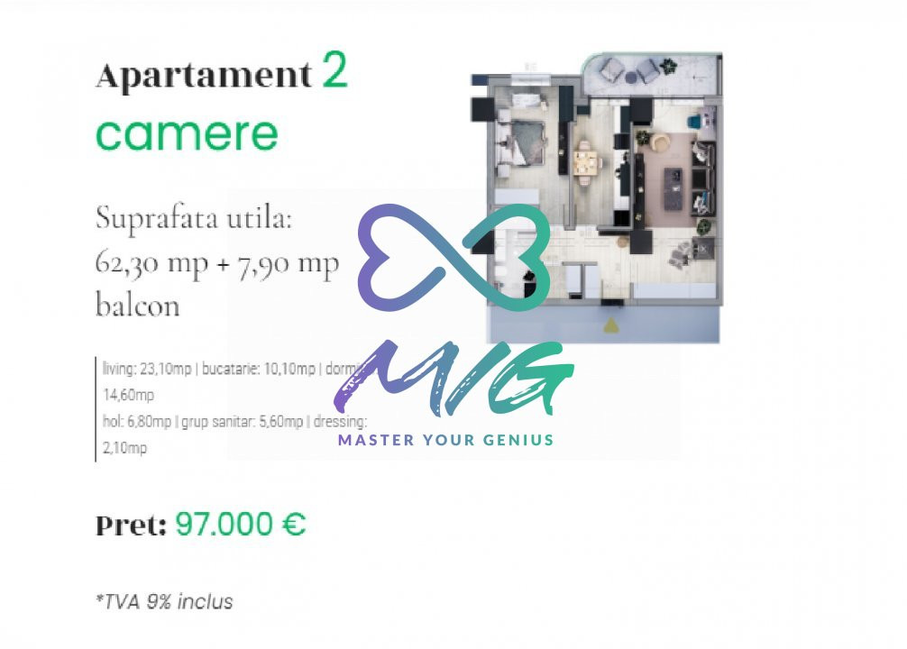 Apartament 2 camere, decomandat, 62,3mp util, etaj 2-9, Nicolina, Iasi