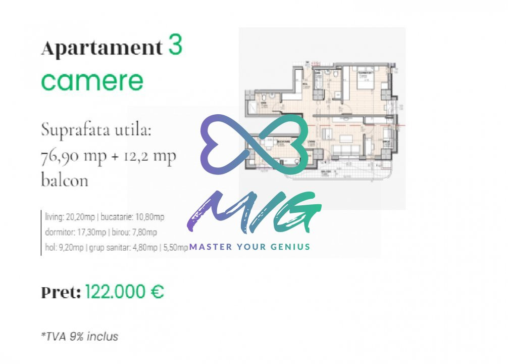 Apartament 3 camere, decomandat, 76,9mp util, etaj 2-9, Nicolina, Iasi