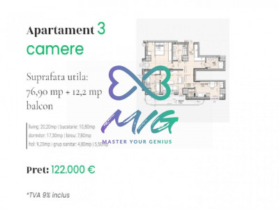 Apartament 3 camere, decomandat, 76,9mp util, etaj 2-9, Nicolina, Iasi